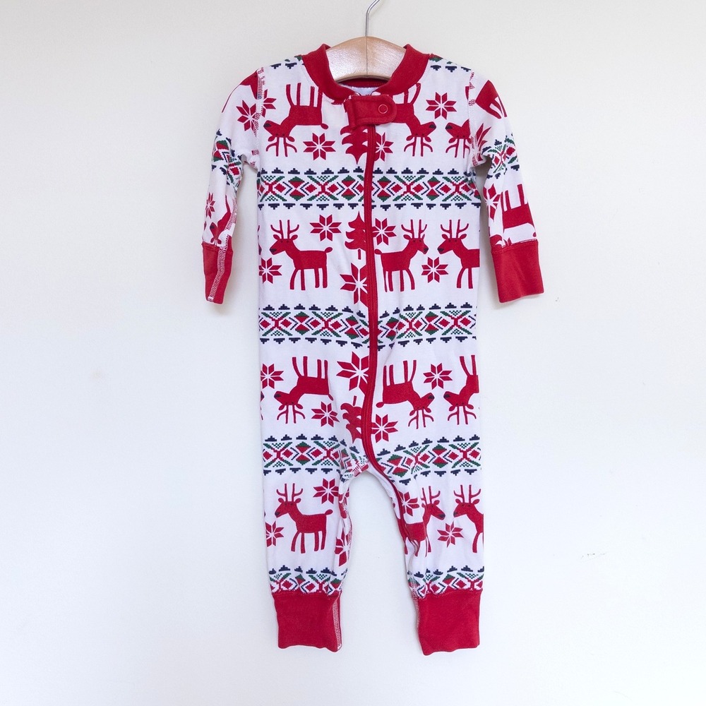 Hanna Andersson Sleeper‎ Red Reindeer Fair Isle Holiday Romper Baby 9-12M